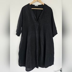 Chocolate Preppy 100% Linen Black V-Neck Pullover A-Line Dress Sz L Pockets